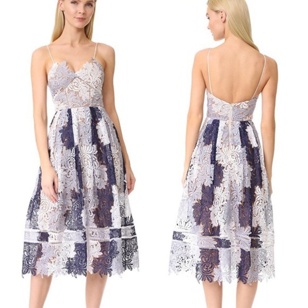 Self-Portrait White and Navy Lace Midi Dress